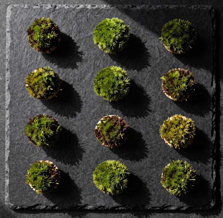 Top-down architectural photograph of single-bite minimalist culinary installations arranged in a perfect grid on raw black slate. Sharp direct sunlight casting precise, dramatic geometric shadows. Deep moss-green accents.
