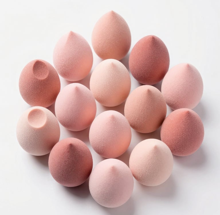 A collection of various custom-shaped cosmetic sponges in diverse pastel and rose-gold colors, arranged in a precise geometric flat-lay on a clean surface.