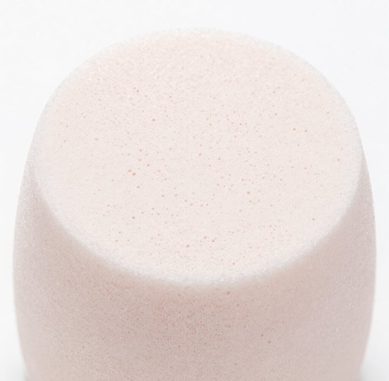 Macro close-up showing the fine, high-density cell structure of a latex-free hydrophilic polyurethane cosmetic sponge, bright clean studio lighting