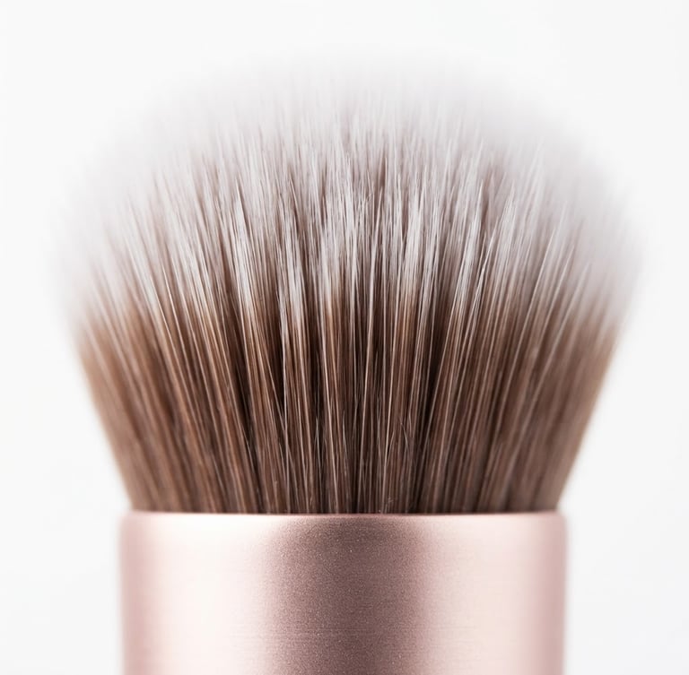 Macro close-up of premium synthetic makeup brush bristles, soft rose-gold ferrule, bright high-key studio lighting, minimalist white background