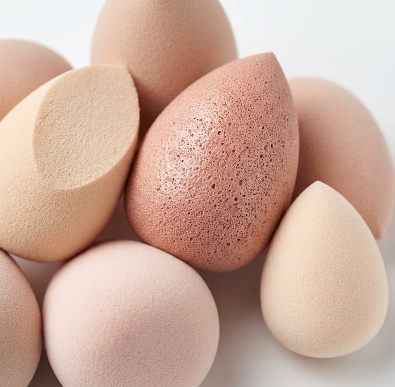 Macro close-up of premium latex-free beauty blenders in soft rose-gold and cream tones, clean studio lighting, high-key minimalist white background