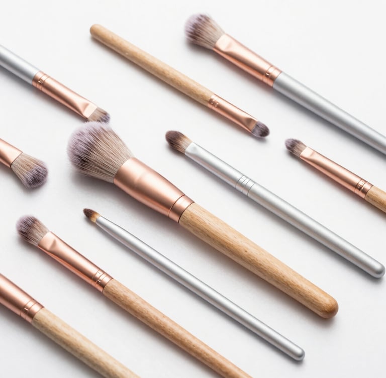 Flat-lay arrangement of custom-manufactured makeup brush handles in FSC wood and anodized aluminum, clean studio lighting, soft rose-gold accents