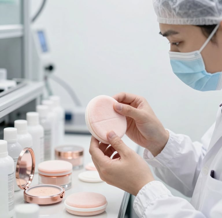 A technician in cleanroom attire inspecting cosmetic powder puffs on a modern factory assembly line, bright clean lighting, clinical precision.