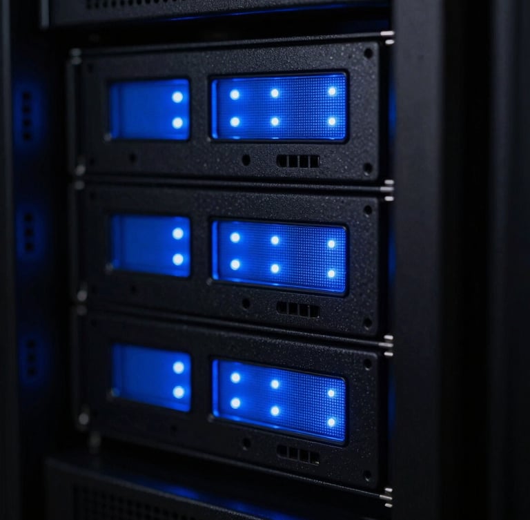 Macro shot of physical server rack with sharp blue glowing LED status lights, high-contrast dark technical photography, 35mm lens