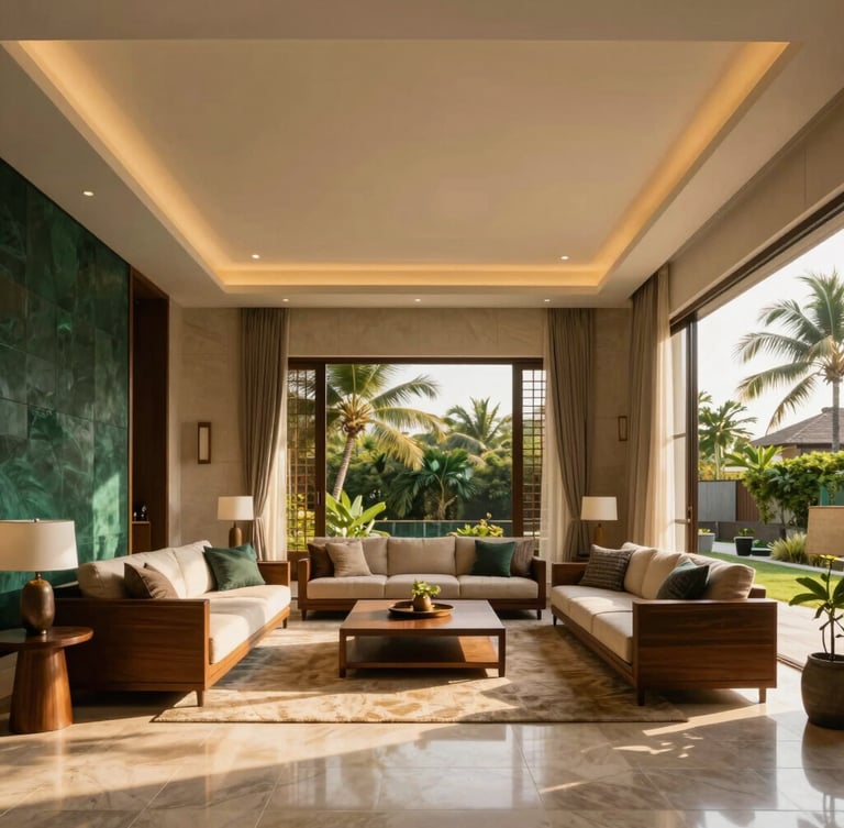 Portrait-oriented architectural interior of a luxurious, modern living room in a Kasaragod villa, warm natural light, high ceilings, clean lines. Bleed to edge.
