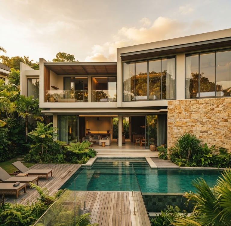 Modern villa exterior facade, clean lines, large glass panels, golden-hour sunlight, wide-angle architectural photography