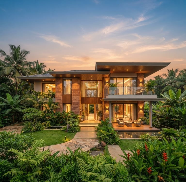 Wide-angle architectural shot of a modern, elegant villa facade in Kasaragod at golden hour, lush tropical landscaping, clear sky. Bleed to edge.