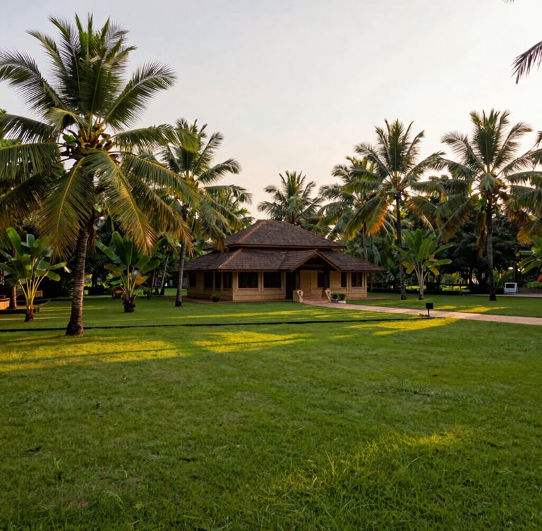 Wide-angle architectural view of a lush green tropical plot in Kasaragod with clear boundary lines, warm golden-hour sunlight filtering through palm trees, rich emerald tones