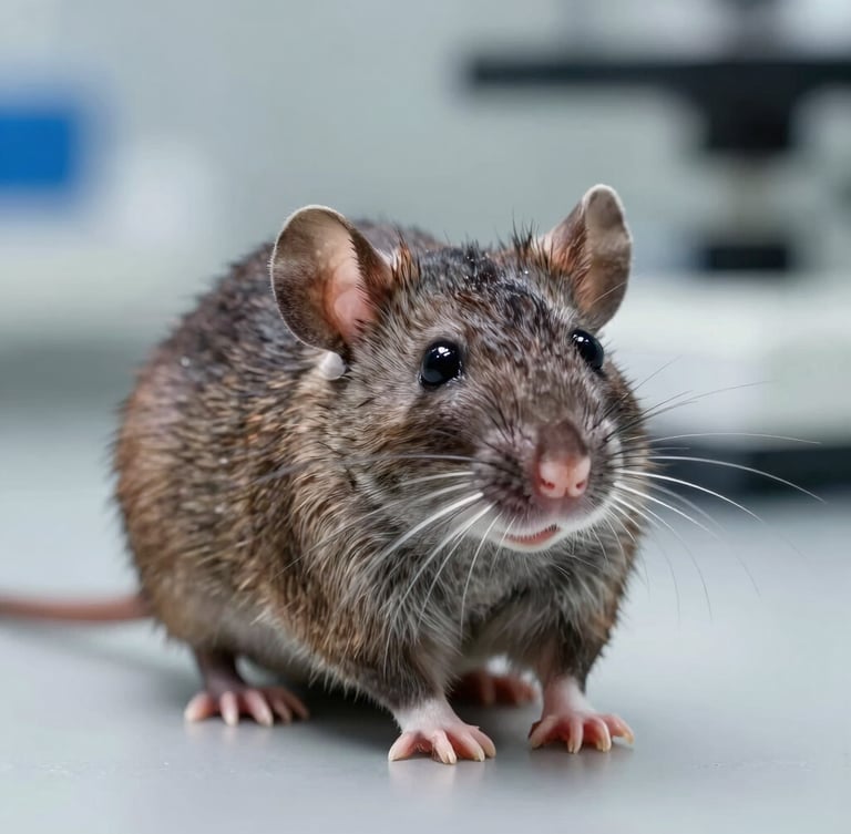 Macro scientific photography of a sewer rat in a clean clinical laboratory setting, high-clarity daylight, sharp focus on identifying features, neutral gray background.