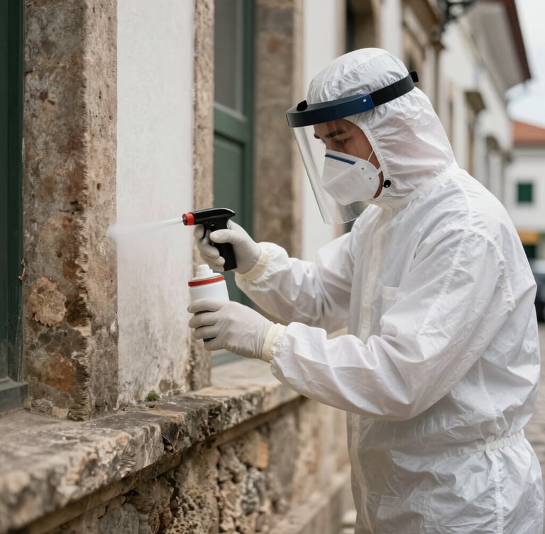 A professional pest control technician in a clean white uniform and protective mask applying precise microencapsulated spray to a historic stone wall base in Rio Vermelho, bright daylight