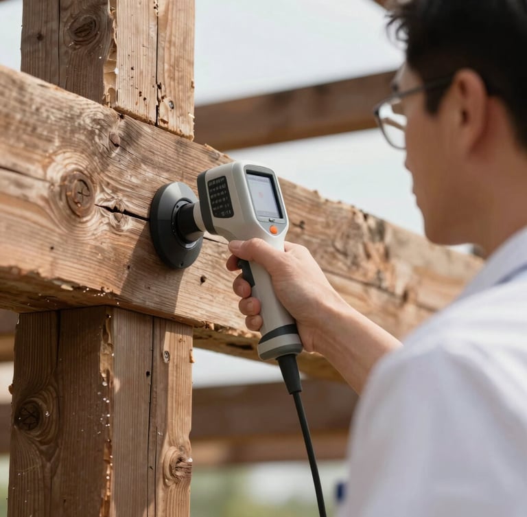 Clinical close-up of a professional technician in a clean uniform using a high-tech thermal imaging scanner on an old structural wooden beam, bright daylight.