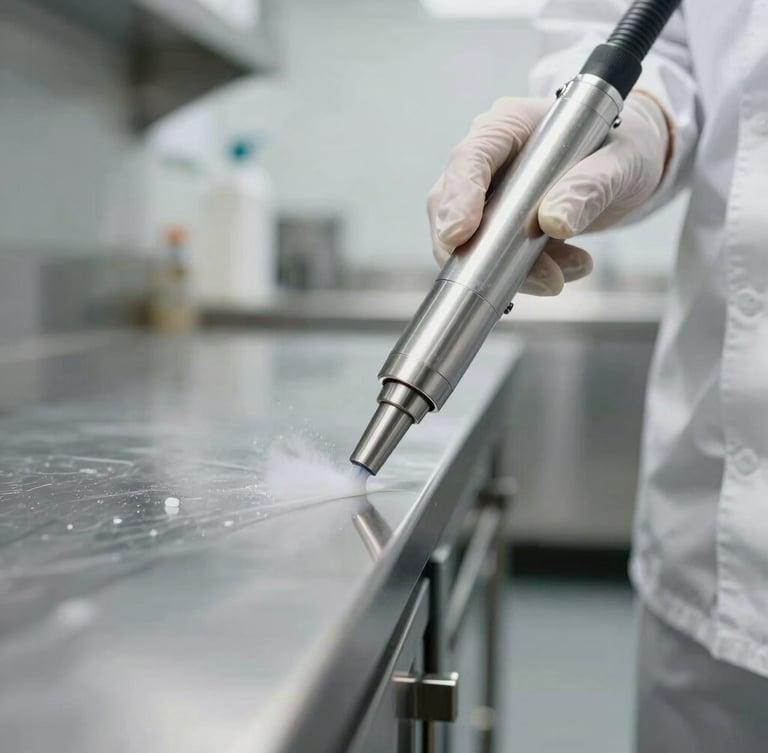 Macro shot of a professional technician in a crisp white uniform using a precise stainless steel nozzle to apply a targeted chemical barrier along a clean commercial kitchen baseboard, clinical daylight, sterile environment.