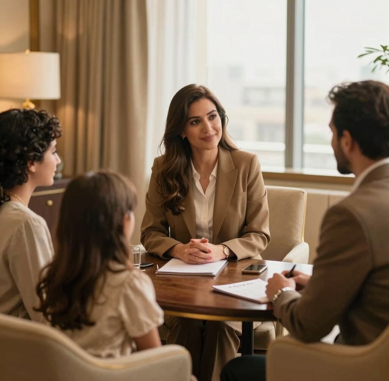 A professional consultation in a warm, high-end office in Bahrain, showing a respectful interaction between an advisor and a family, soft natural indoor light, rich gold and bronze tones, 35mm photography