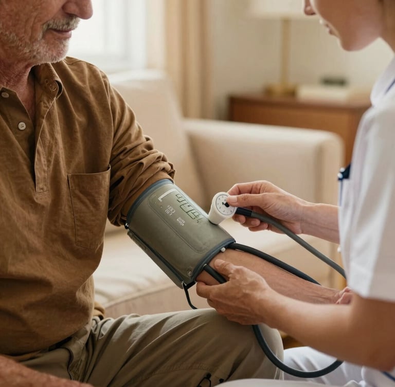 Close-up of a professional nurse taking blood pressure of an elderly gentleman in a beautifully lit, calm home environment, warm bronze tones, soft natural light, shallow depth of field