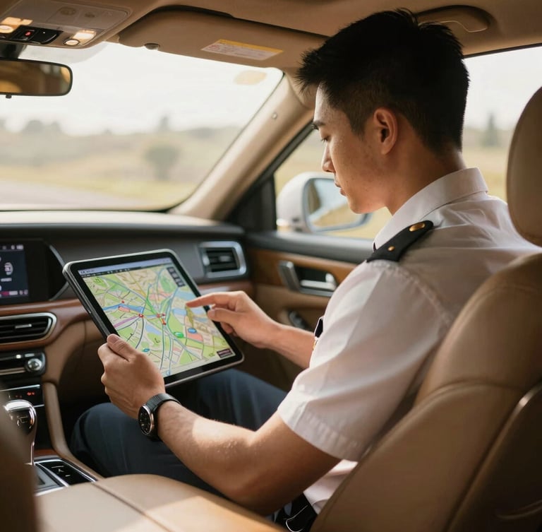 A professional driver in a clean uniform checking a navigation map on a tablet inside a luxury vehicle, soft warm morning light, shallow depth of field