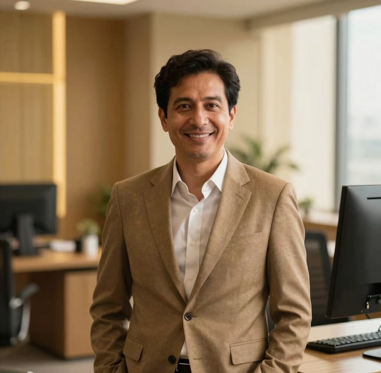 Warm editorial portrait of a professional consulting office in Bahrain, soft natural indoor light, gold accents, professional setting, 35mm