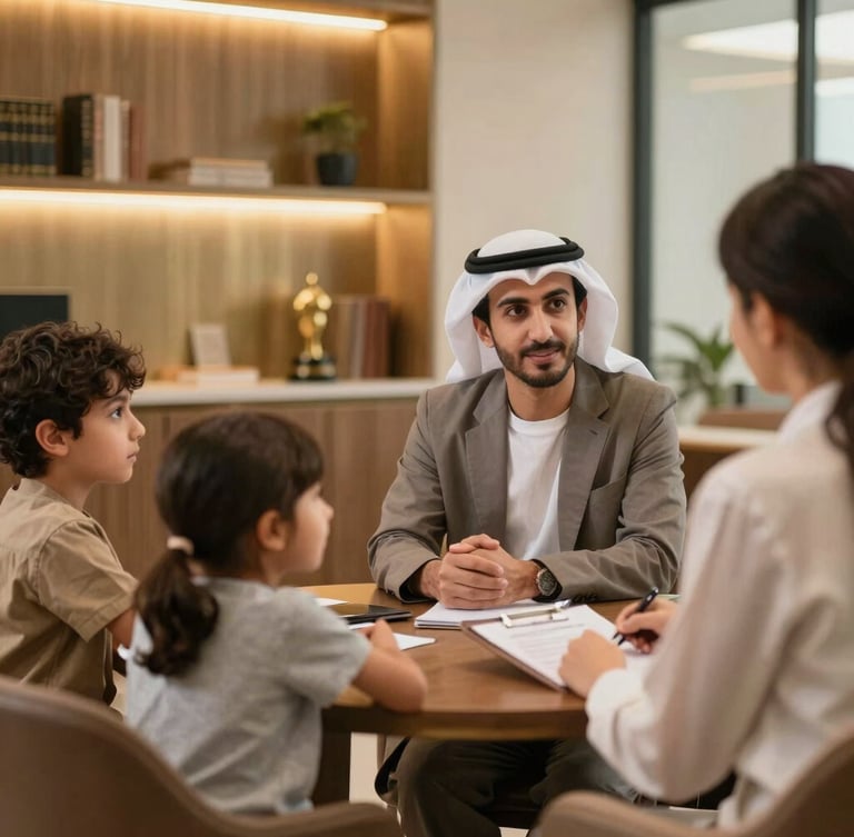 A professional consultation in a warm modern Bahraini office, a family talking with a professional recruitment advisor, soft lighting, bronze and gold accents, respectful atmosphere, 35mm photography