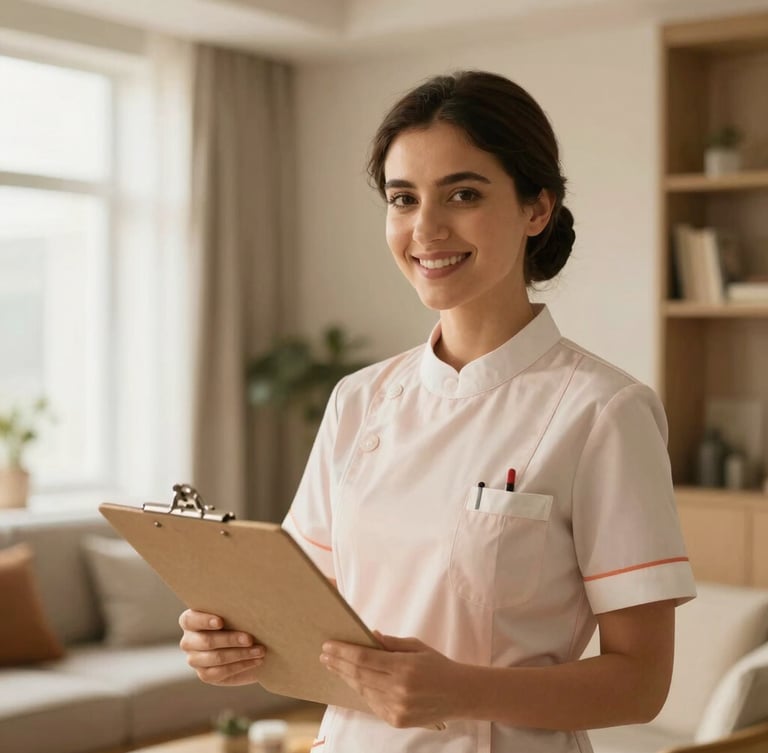 Professional female nurse in neat uniform smiling warmly, holding a clipboard in a bright, clean modern Bahraini living room, soft natural window light, Lora-style warm tones, 35mm