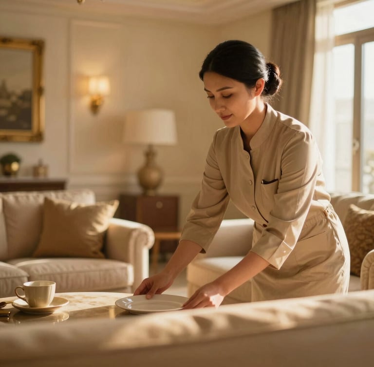 A professional domestic helper neatly arranging a warm, sunlit living room in Bahrain, soft indoor lighting, golden hour glow, elegant home interior, 35mm.