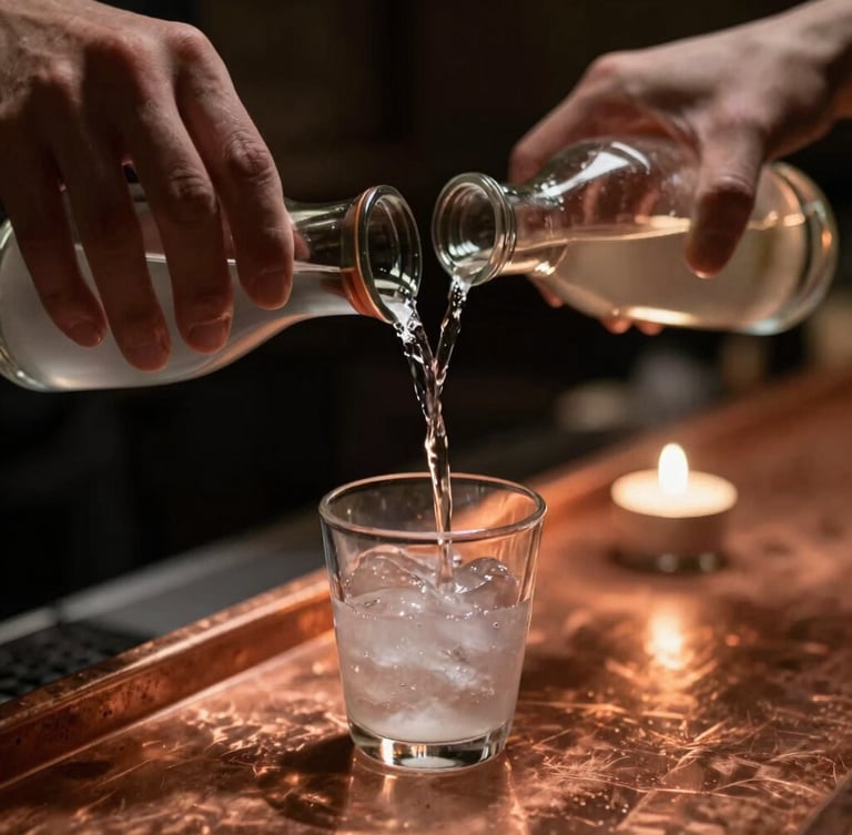 Tight macro shot of hands pouring cold sake into a glass on a glowing copper counter, moody side-lighting, shallow depth of field.