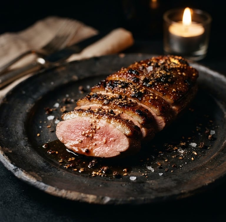 Close-up of a glistening duck breast with five-spice glaze on a dark ceramic plate, moody low-key side-lighting, warm candlelight, deep shadows.