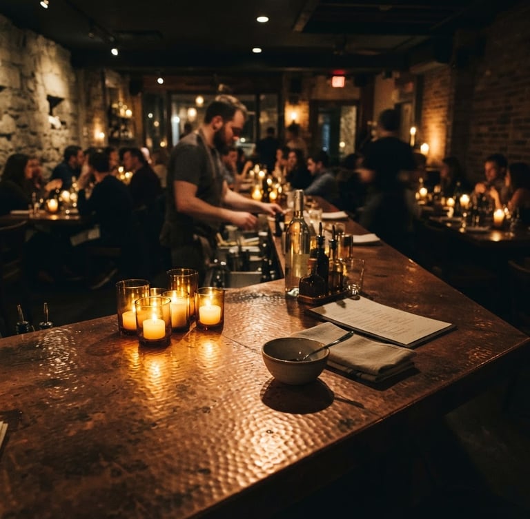 Wide environmental shot of the dimly lit dining room, warm candlelight casting deep shadows across a copper counter, moody editorial style, shallow depth of field