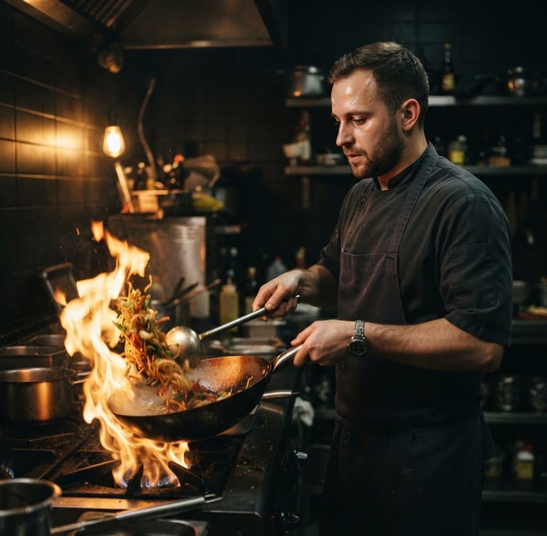 Moody editorial portrait of a chef tossing a flaming wok in a dimly lit kitchen, warm candlelight tones, deep charcoal shadows.