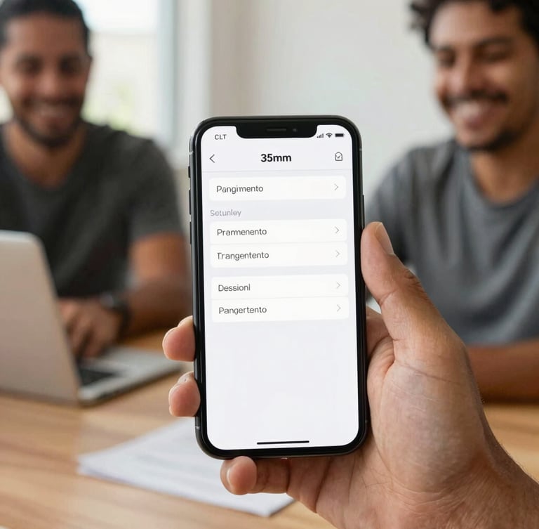 Close-up de um smartphone mostrando uma interface de aplicativo financeiro limpa e segura, com gráficos de pagamento organizados, em mãos de um trabalhador CLT em um ambiente de escritório com luz natural. Foco na segurança e clareza da transação. editorial photography, natural daylight, warm tones, authentic Brazilian workers, smiling expressions, shallow depth of field, 35mm