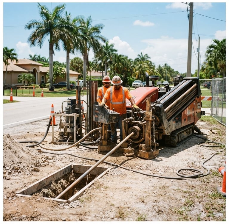 Wide shot of a directional boring rig in operation on a clean South Florida job site, bright direct sunlight, high-contrast shadows, safety orange accents on equipment, 35mm lens.