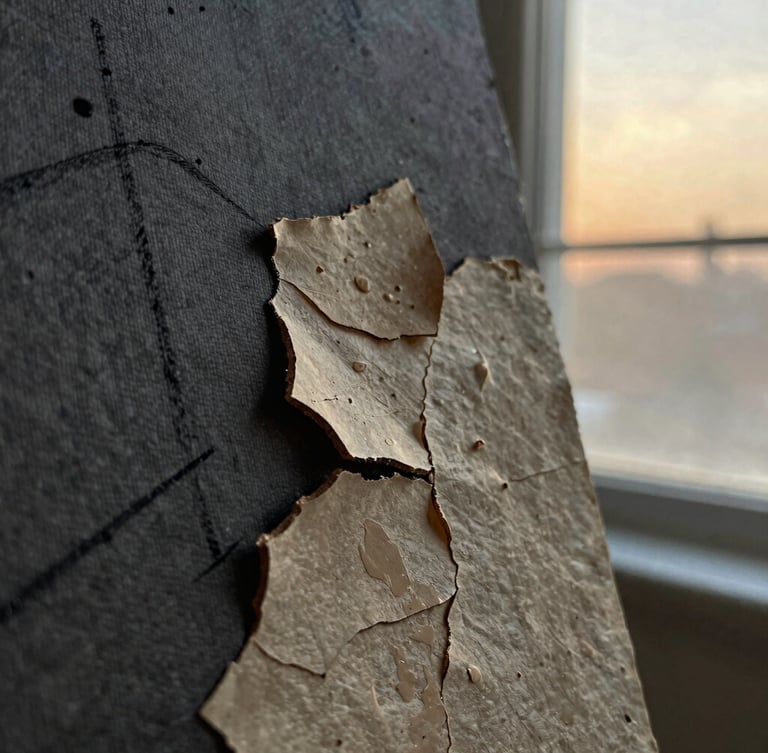 Detailed macro shot of cracked oil paint, layered antique paper fragments, and charcoal lines on a heavily textured canvas, soft golden-hour window light.
