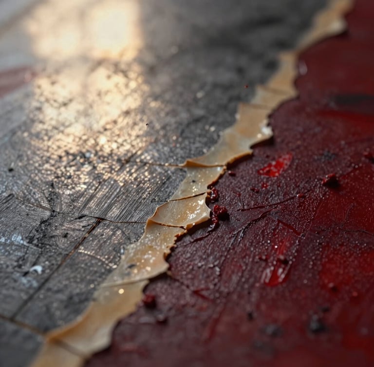 Close-up macro detail of a mixed-media painting showing rich textures of cracked beeswax, charcoal lines, and deep red vow madder pigments, soft dramatic side-lighting, shallow depth of field.