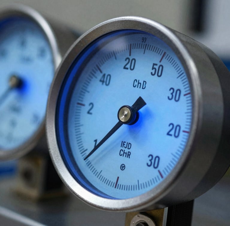 Macro shot of high-clarity digital manifold gauge screens showing real-time pressure readings, sharp blue backlight, crisp focus on technical metrics.
