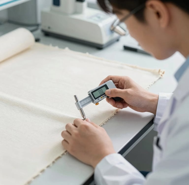 A professional close-up of a textile engineer measuring fabric thickness with a digital micrometer, bright daylight, clean laboratory setting, sharp focus, 35mm