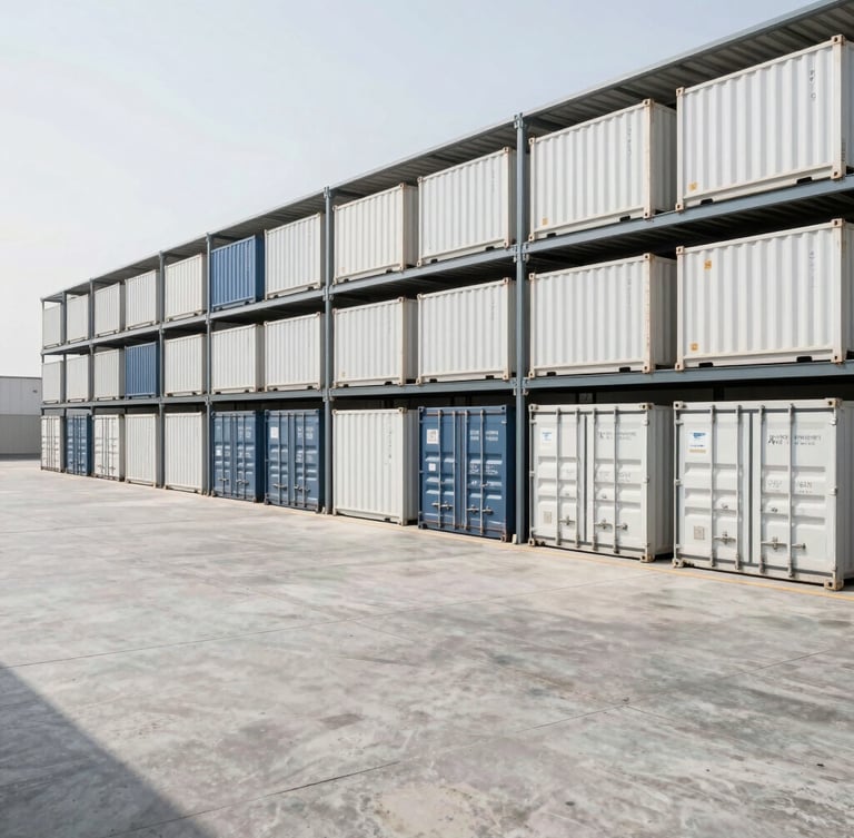 A wide-angle, bright corporate warehouse in Dubai with neatly organized high-volume shipping containers, clean concrete floors, and structured metal shelving under neutral daylight.