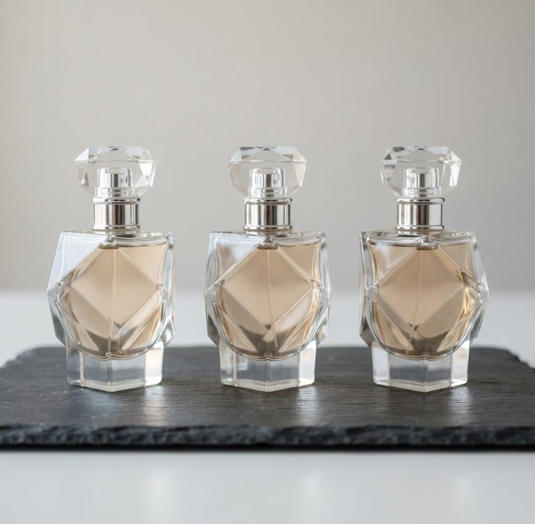 Symmetrical studio shot of elegant geometric perfume bottles on a clean slate stone surface, soft natural light, sharp focus, 35mm