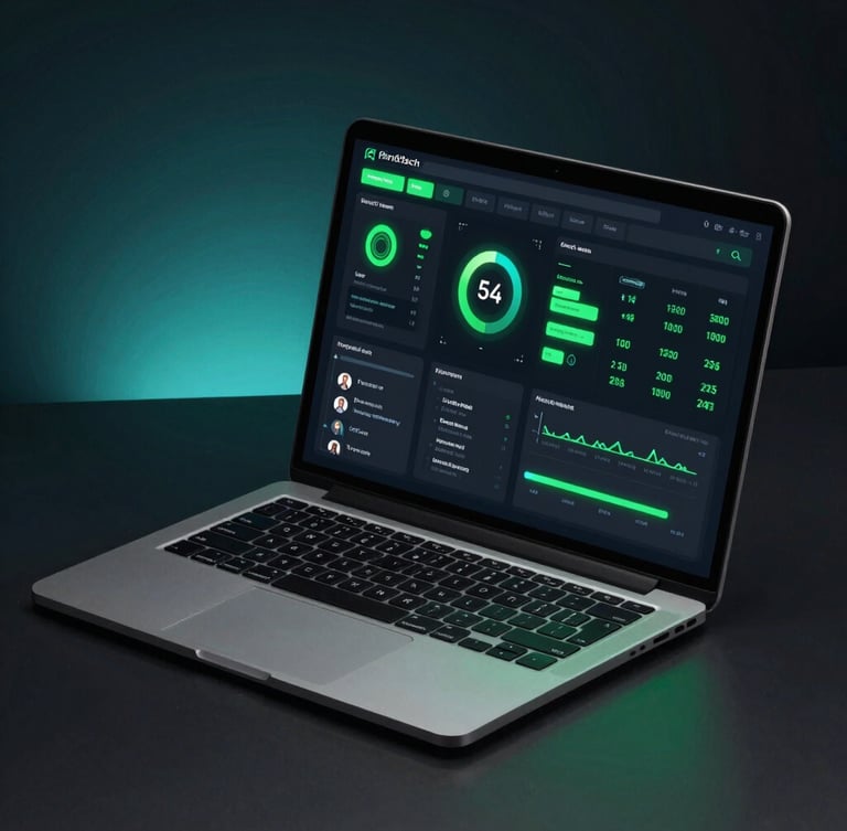 Isometric mockup of a dark fintech dashboard on a laptop screen, glowing neon green interface showing active user metrics, dark studio background with cyan ambient lighting.