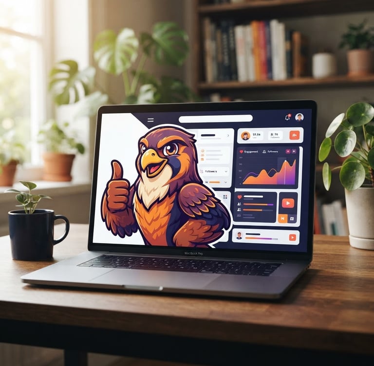 Sleek vector illustration of a friendly falcon mascot giving a thumbs-up next to modern creator platform UI graphics, rich purple and orange accents, clean design