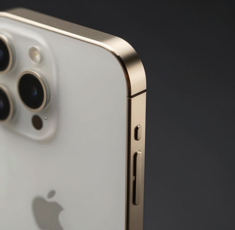 Macro studio shot of a sleek titanium iPhone 15 Pro edge, catching sharp champagne gold highlights, dark obsidian background, ultra-premium editorial lighting.