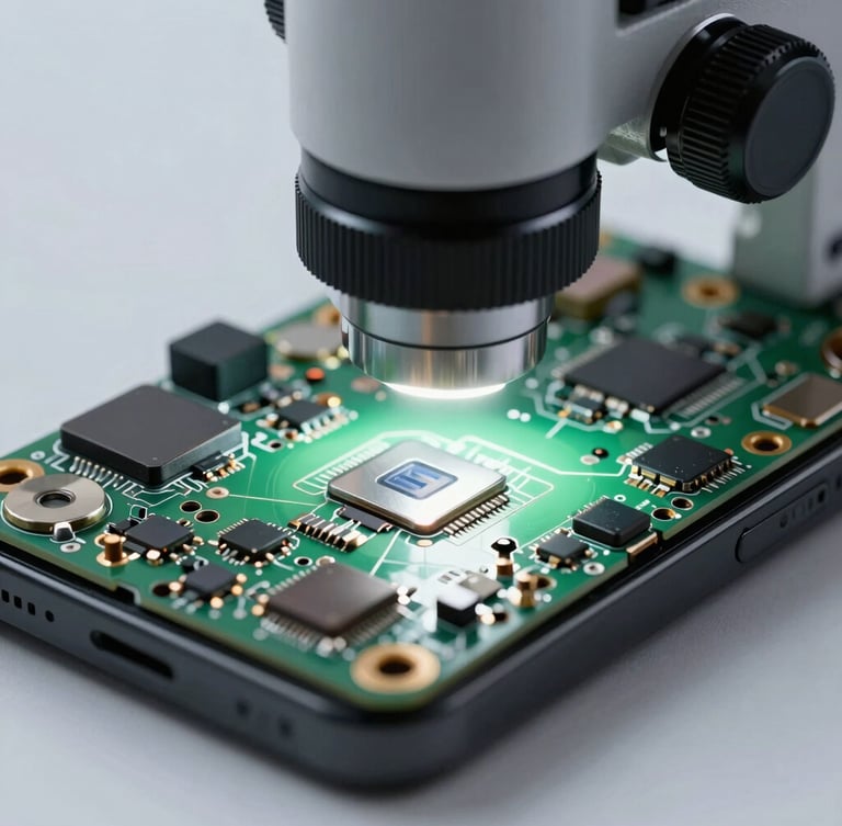 Extreme close-up macro shot of an iPhone motherboard under a professional laboratory microscope, sharp metallic edges and micro-components catching clinical cool-white light