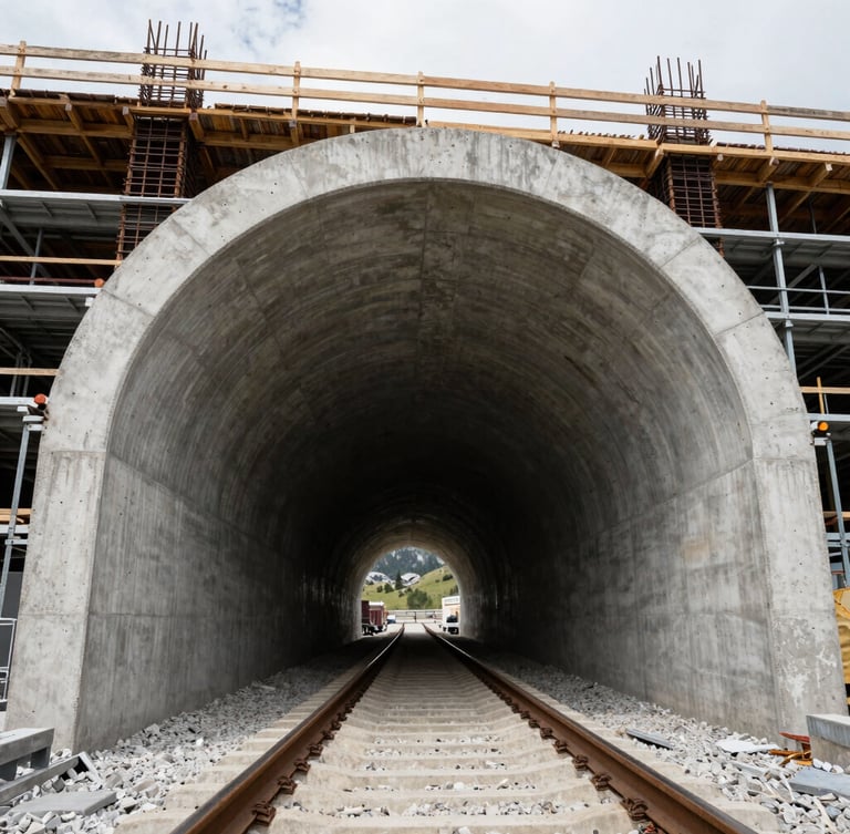 Wide-angle low-perspective shot of a massive concrete railway tunnel under construction in the Austrian Alps, structural steel reinforcing grids visible, crisp overcast daylight, high-contrast details.