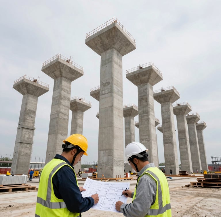 Wide-angle, low-perspective shot of a massive European infrastructure project in progress, concrete piers rising under crisp overcast daylight, engineers in high-visibility gear analyzing blueprints in the foreground.
