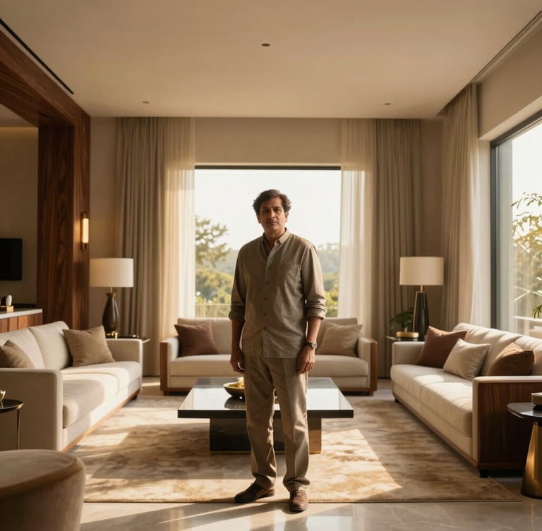Portrait of Mahendra Sharma, a distinguished Indian interior designer, standing in a sun-drenched, minimalist luxury living room, golden hour light, architectural depth, 35mm. He is looking confidently at the camera.