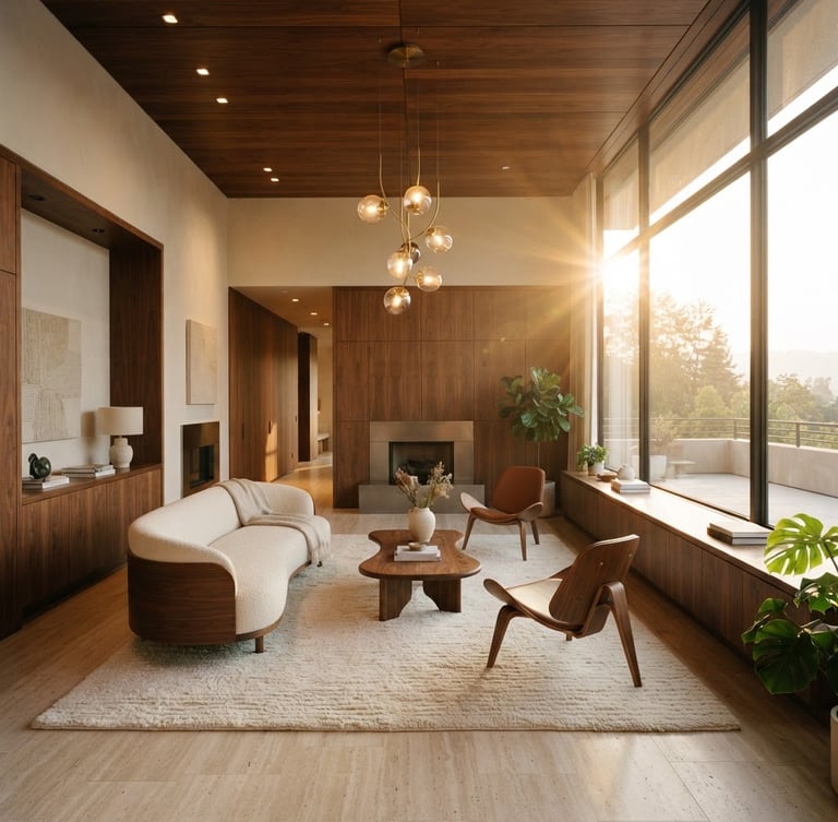 Wide shot of a luxurious, minimalist living room with warm golden-hour light streaming through large windows, showcasing clean architectural lines, premium walnut furniture, and an elegant lighting installation, right side bleed.