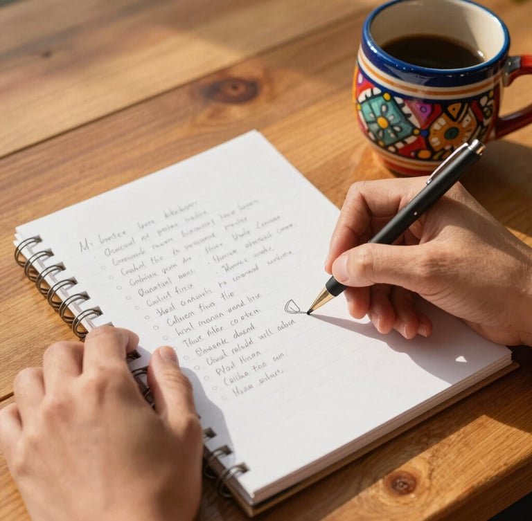 Hands sketching a bilingual layout on a notepad, warm wooden table, colorful Mexican ceramic mug nearby, soft natural daylight