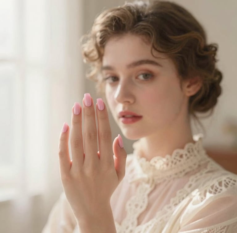 Soft-focus portrait of a young woman with a vintage updo in a sunlit room, wearing a cream lace collar, holding her hand up to show detailed pastel pink press-on nails, warm morning haze, shallow depth of field, 35mm