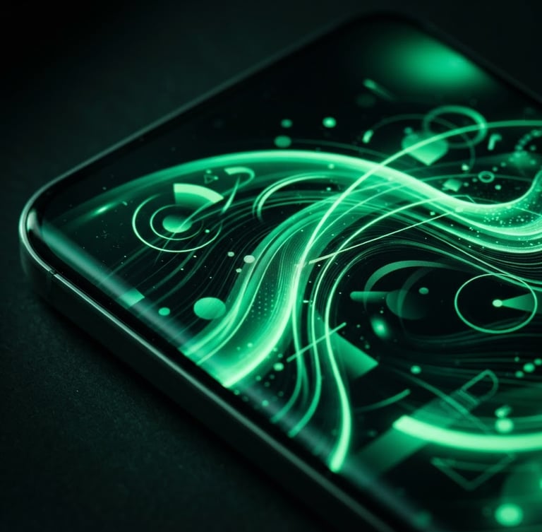 Extreme macro close-up of a modern Android flagship device screen showing fluid UI transitions, vibrant electric green screen reflections on dark glass and aluminum, moody low-key studio lighting, 35mm