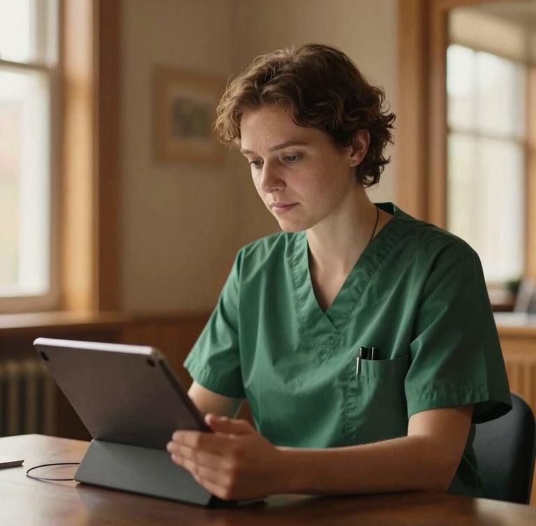 Soft-focus editorial portrait of a clinical educator in a warm, wood-paneled Scandinavian room, looking thoughtfully at a tablet screen, golden-hour window light, shallow depth of field.