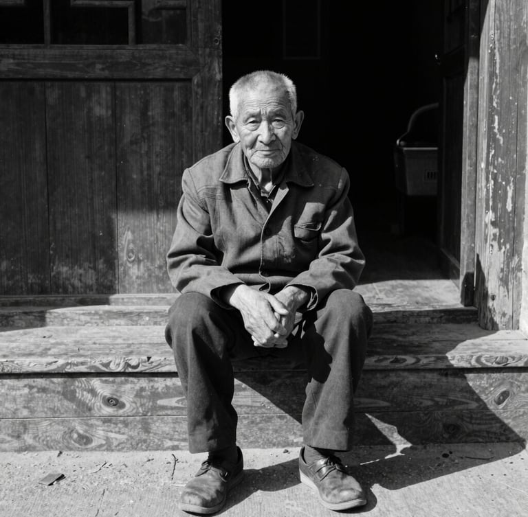 A high-contrast monochrome environmental portrait of an elderly resident sitting on a wooden stoop in harsh midday sun, deep shadows, gritty 35mm film grain.