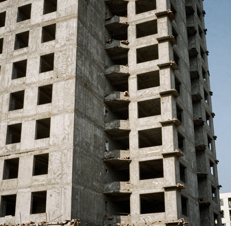 Gritty medium-format documentary photograph of a half-demolished concrete high-rise, harsh daylight casting sharp shadows, visible film grain, muted earth tones.