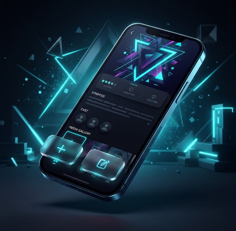 Sleek 3d isometric mobile app mockup showing a dark-mode movie detail page with glassmorphic buttons for Add to Watchlist and Log Diary, neon cyan accents, abstract geometric poster art